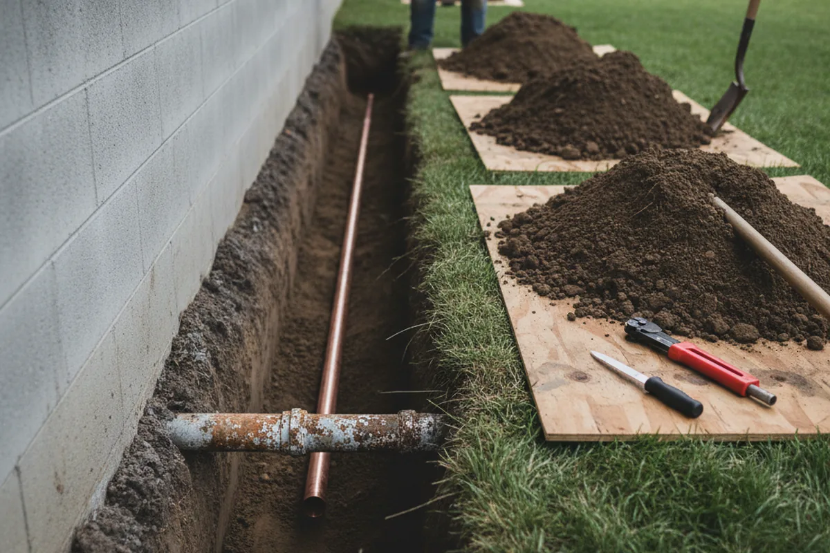 Excavated water line trench during Water Softener Installation in English